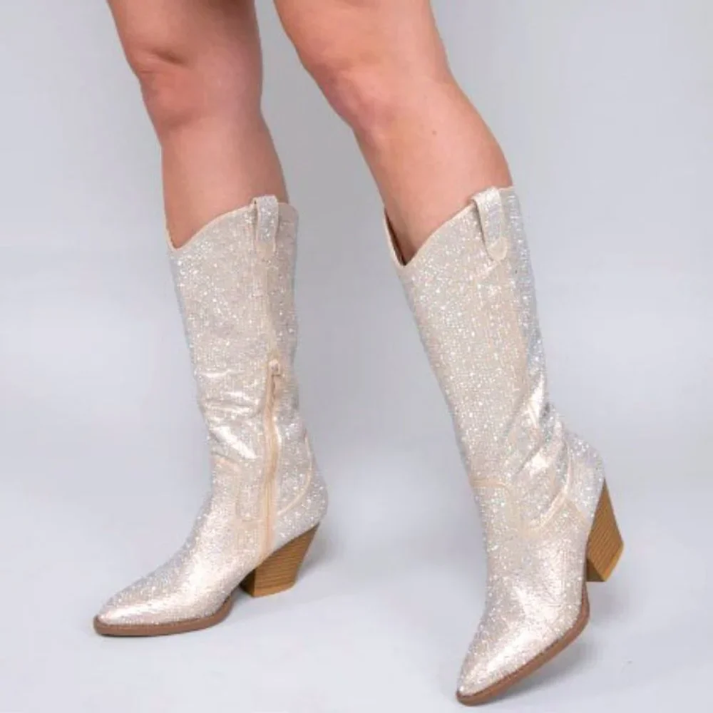 New Campagne Gold Blingy Rhinestone Knee High Cowboy Boots - Picture 3 of 6
